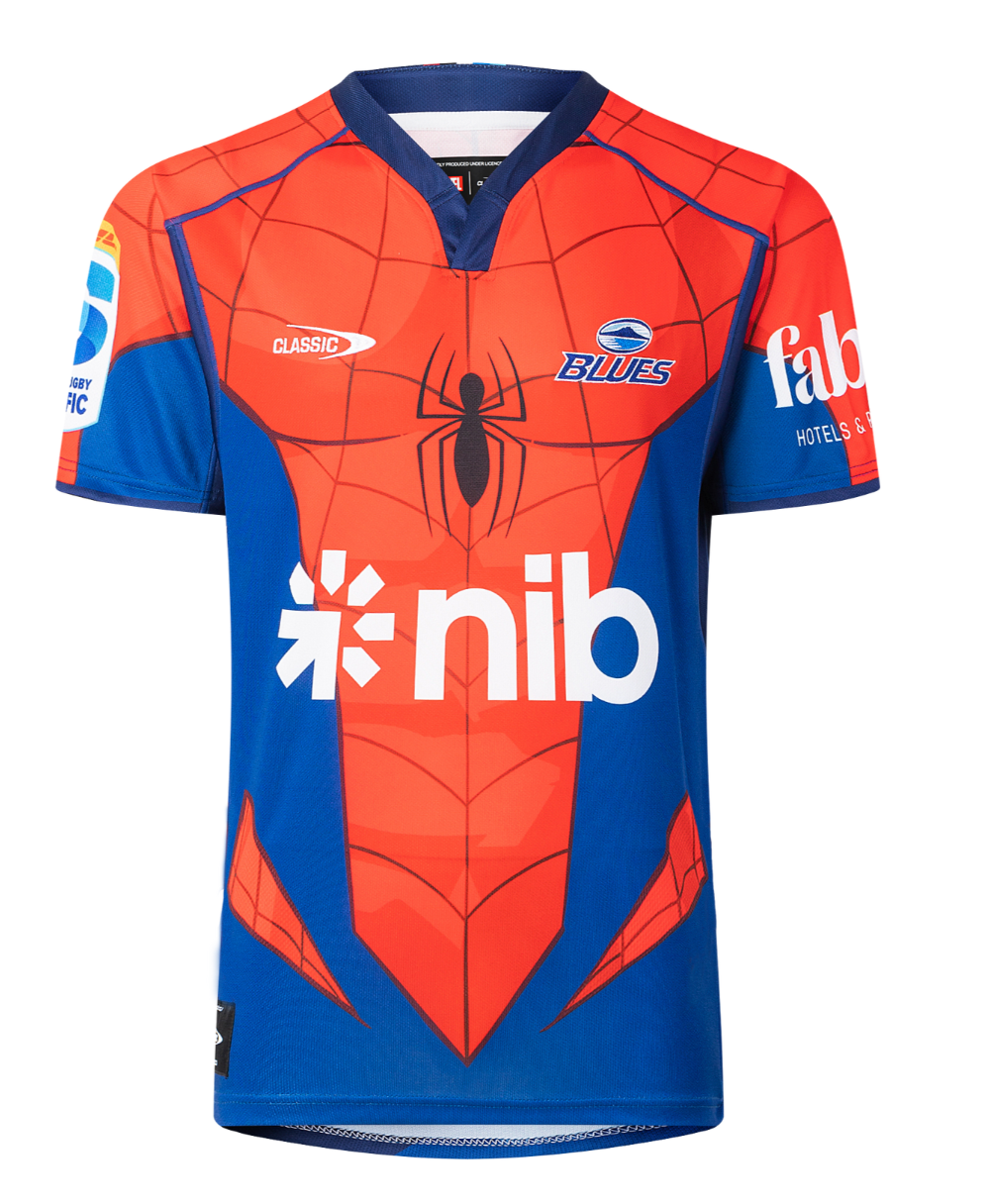 Auckland Blues 2025 Marvel Super Rugby Mens Spiderman Jersey