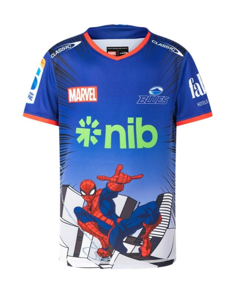 Auckland Blues 2025 Marvel Super Rugby Youth Spiderman Warm Up Tee