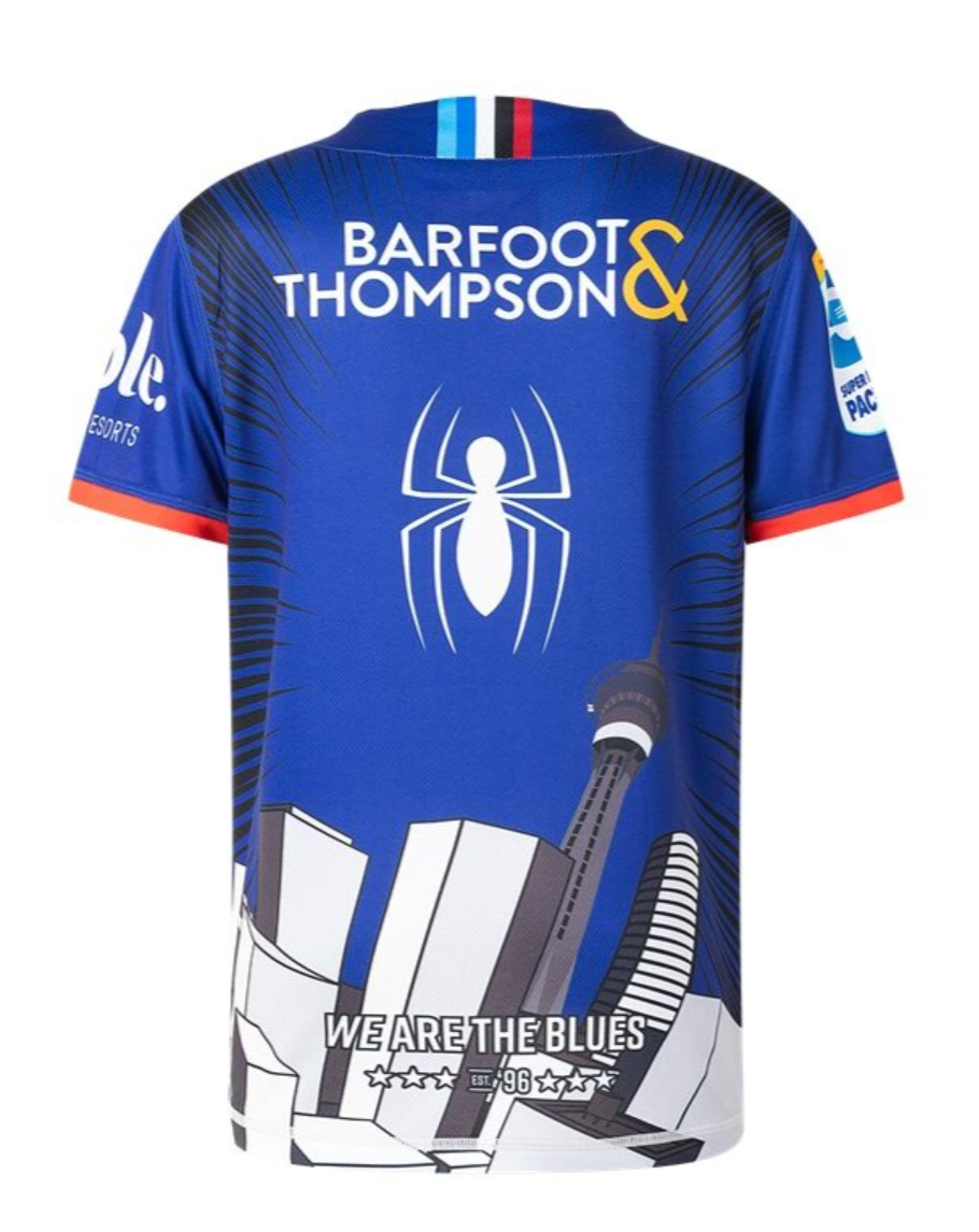 Auckland Blues 2025 Marvel Super Rugby Youth Spiderman Warm Up Tee