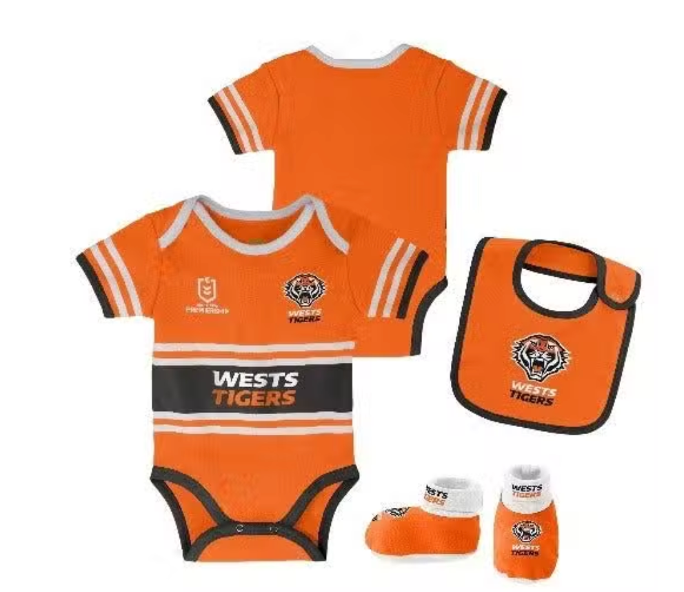 West Tigers Baby 3pc Romper/Bib/Bootie Set